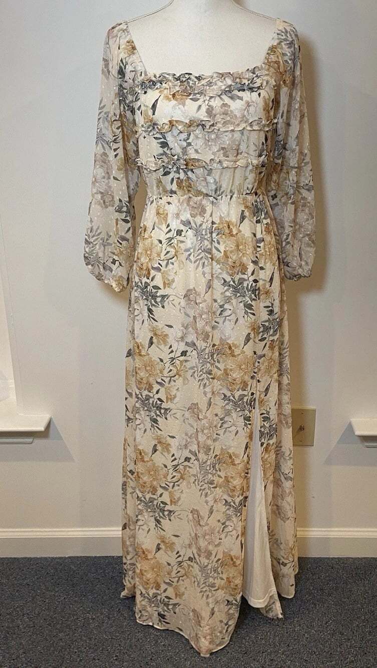 Baltic Born Maxi Dress Long Sleeve Ruffle Bodice Wedding Cream Green Floral M
